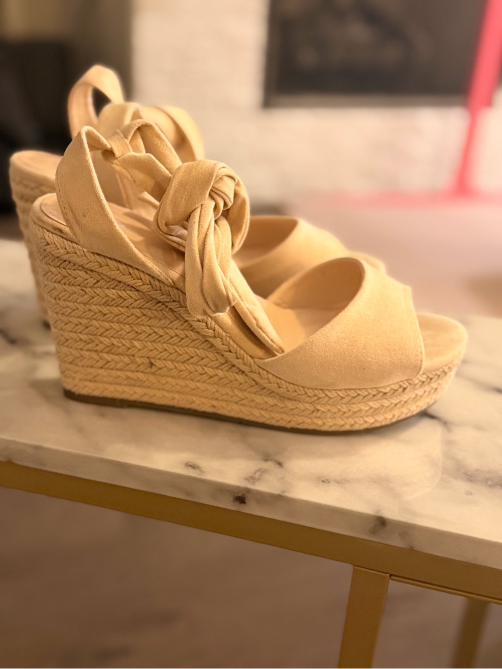 Knot-Tie Espadrille Wedge Sandals in Beige